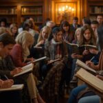 generate a picture of women and men saying poetry show them writing poems and reading them in a library