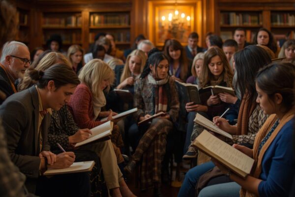 generate a picture of women and men saying poetry show them writing poems and reading them in a library