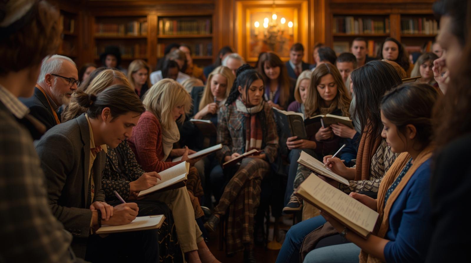 generate a picture of women and men saying poetry show them writing poems and reading them in a library